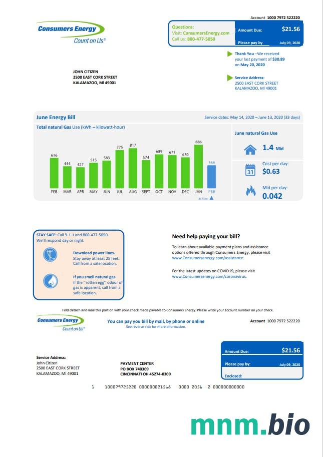 USA Michigan Consumers Energy rachunek za media szablon w formacie Word i PDF